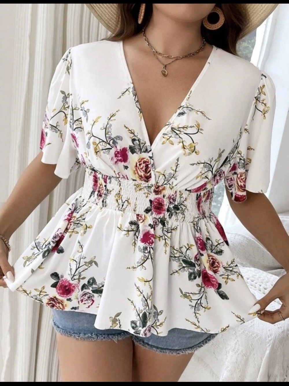 SHEIN White Floral V-Neck Smocked Peplum Top